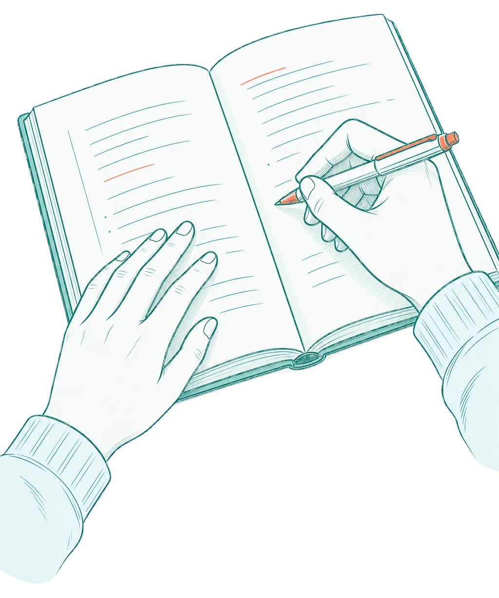 Илюстрация на ръце, отворена книга и химикал